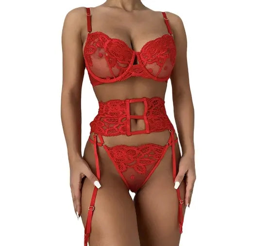 Bloom into Sensuality with Three-Piece Floral Lingerie Set