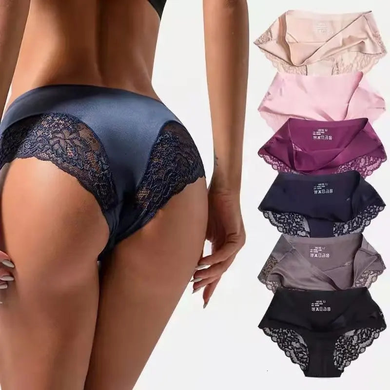 Ice Silk Elegance - Seamless Lace Mid-Waist Briefs for Comfort and Style